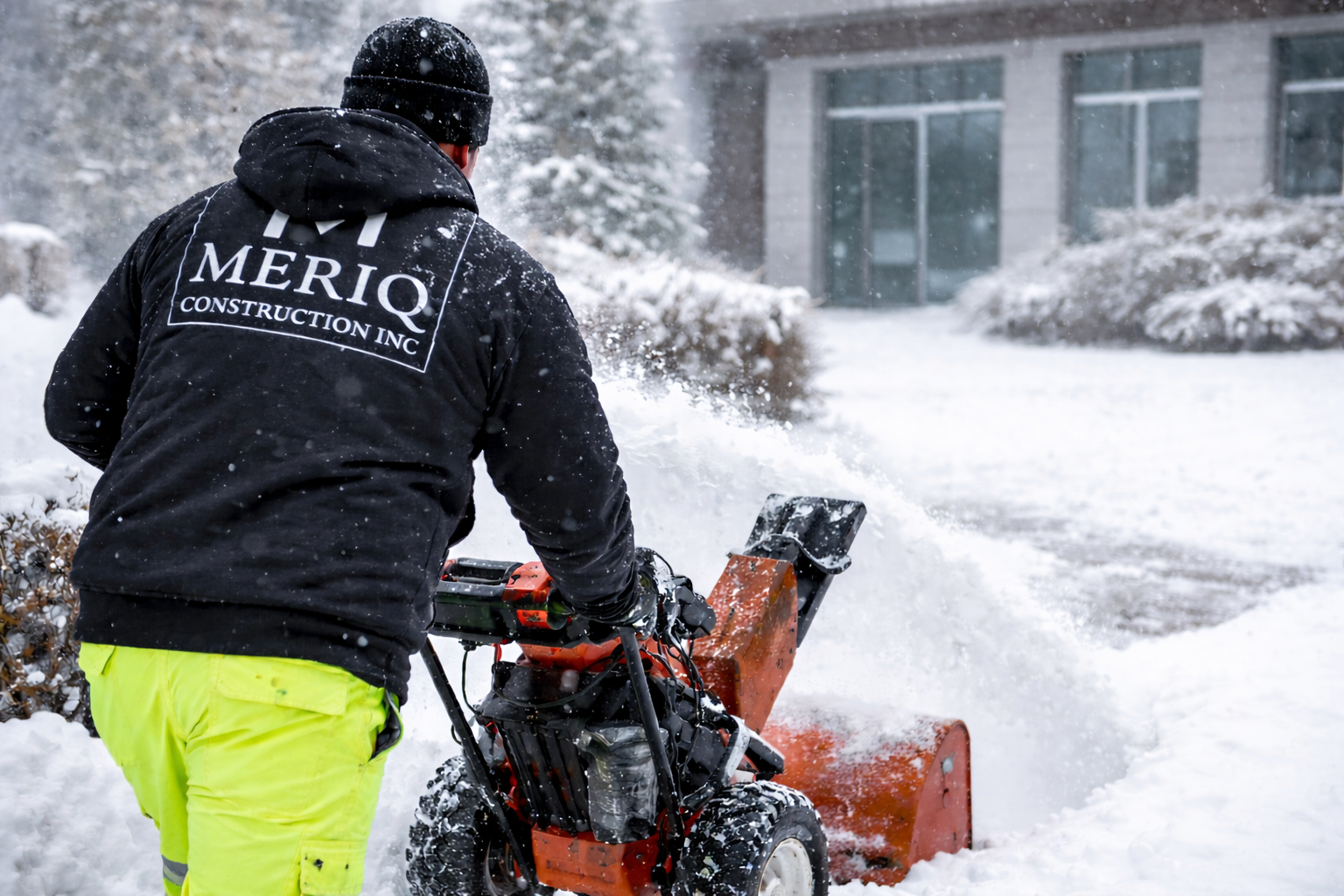 Worker operating a snow blower to clear snow from a residential driveway during winter storm – snow removal service by Meriq Construction Inc.