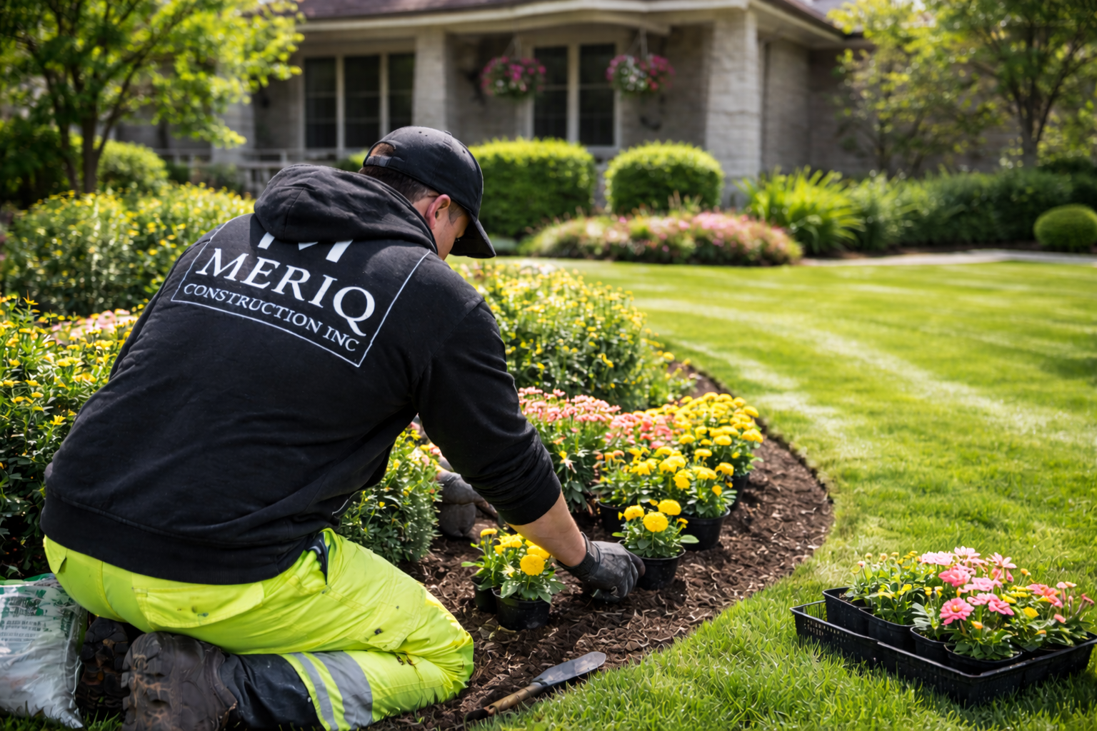 Landscaping professional planting flowers and maintaining a residential garden bed for a landscaping project by Meriq Construction Inc.